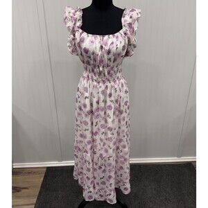 NWT Grace Karin Women's XL White/Purple Floral Smocked Garden Party Maxi Dress
